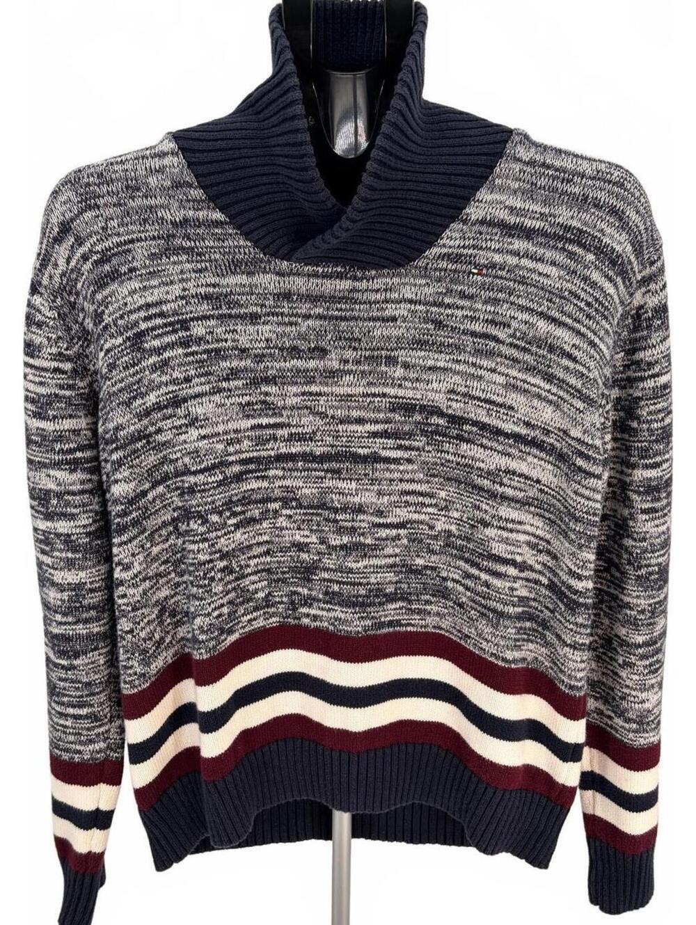 Tommy Hilfiger Sweater Large Navy Maroon‎ Striped Relaxed Fit